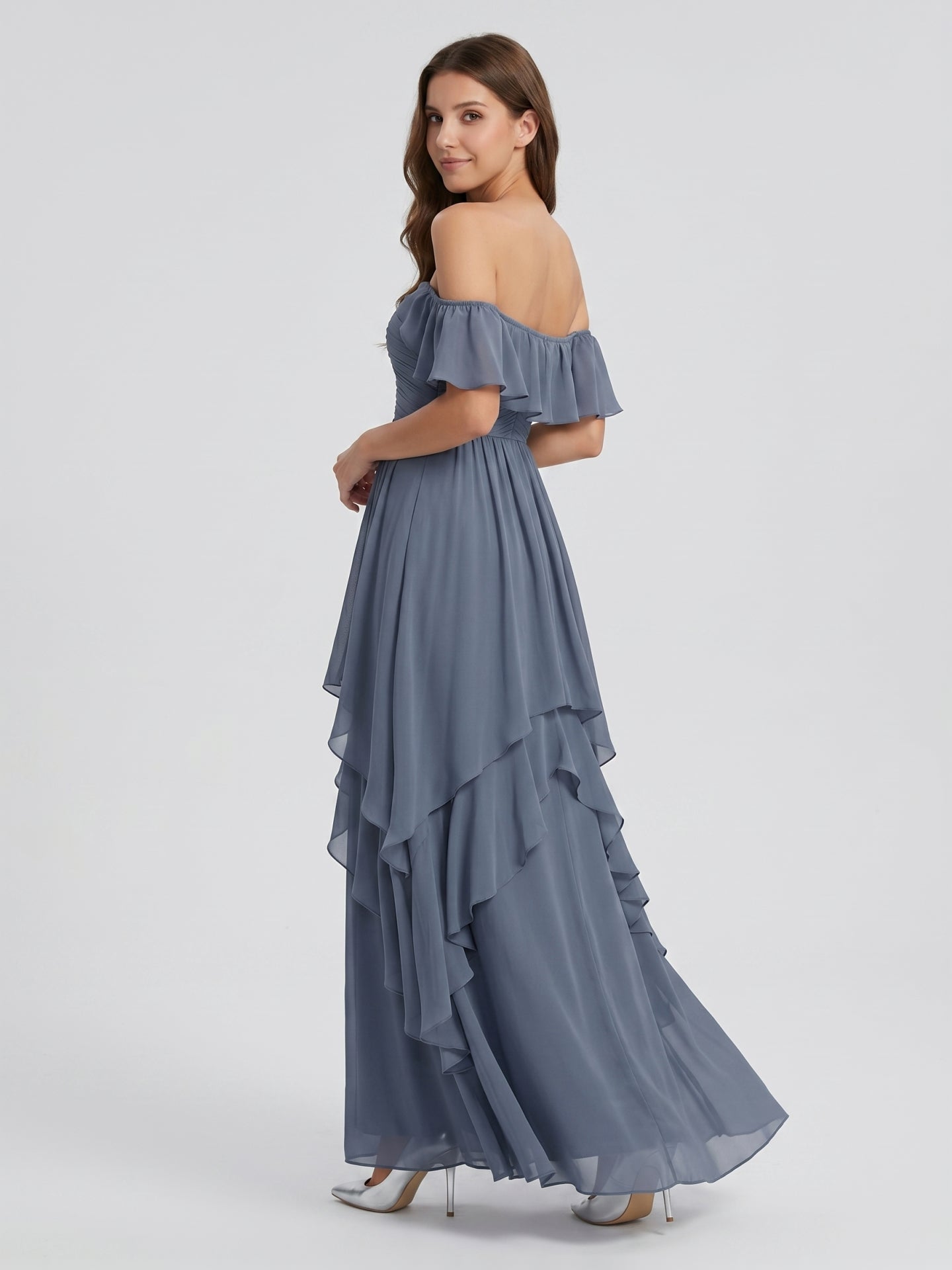 Stormy Chiffon A-Line Off-the-Shoulder Back Zip Floor-Length Bridesmaid Dress with Cascading Ruffles - Curvevia