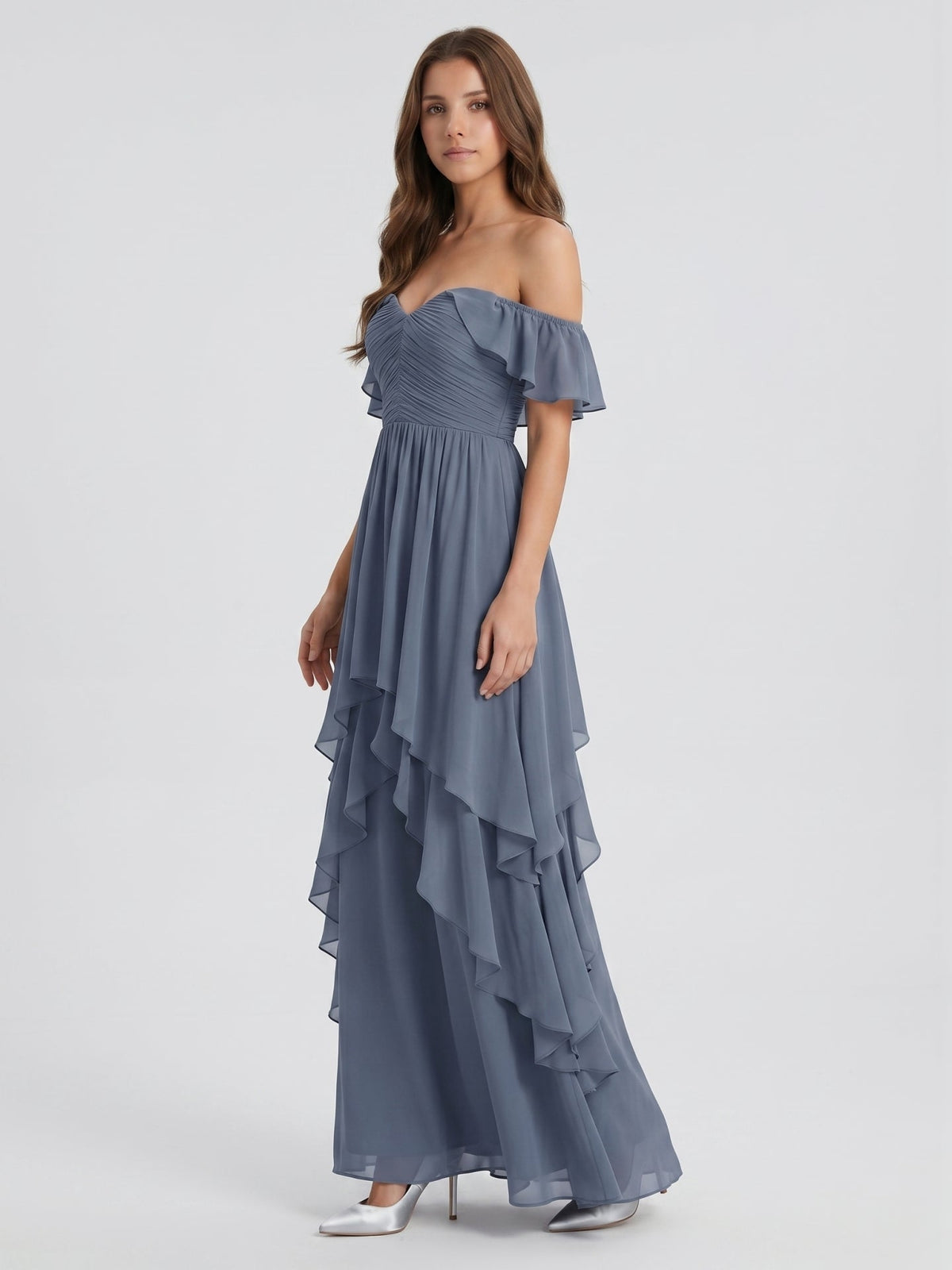 Stormy Chiffon A-Line Off-the-Shoulder Back Zip Floor-Length Bridesmaid Dress with Cascading Ruffles - Curvevia