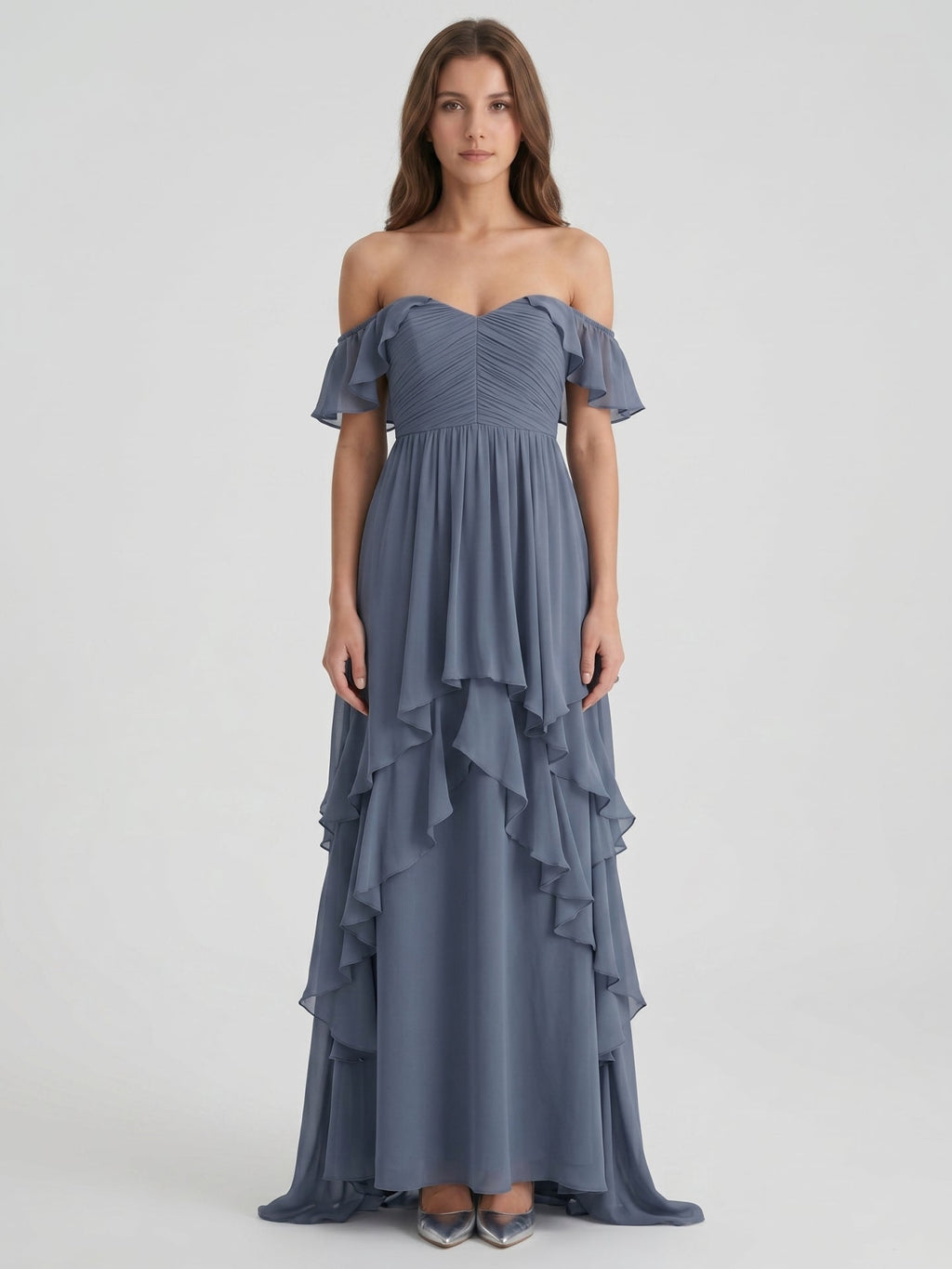 Stormy Chiffon A-Line Off-the-Shoulder Back Zip Floor-Length Bridesmaid Dress with Cascading Ruffles - Curvevia