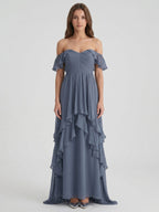 Stormy Chiffon A-Line Off-the-Shoulder Back Zip Floor-Length Bridesmaid Dress with Cascading Ruffles - Curvevia