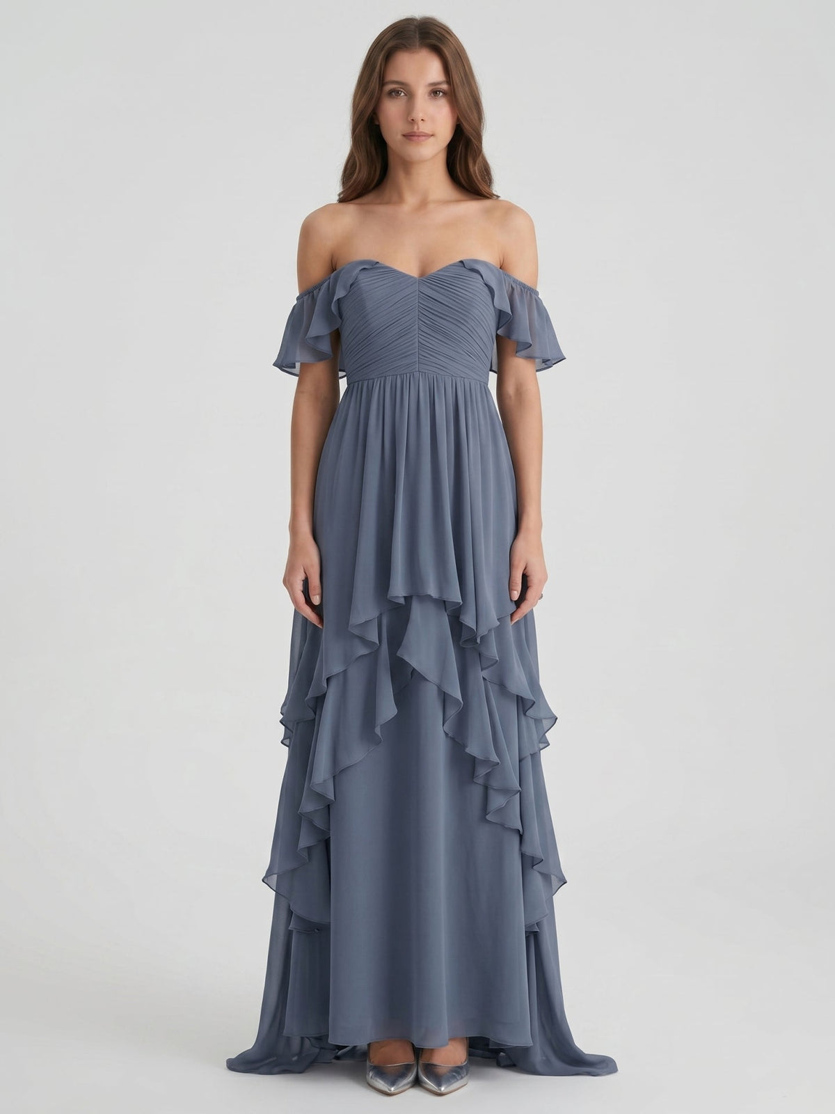 Stormy Chiffon A-Line Off-the-Shoulder Back Zip Floor-Length Bridesmaid Dress with Cascading Ruffles - Curvevia