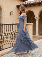 Stormy Chiffon A-Line Off-the-Shoulder Back Zip Floor-Length Bridesmaid Dress with Cascading Ruffles - Curvevia