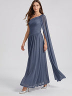 Stormy Chiffon A-Line One Shoulder Side Zip Floor-Length Bridesmaid Dress with Pleated Detail - Curvevia