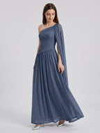 Stormy Chiffon A-Line One Shoulder Side Zip Floor-Length Bridesmaid Dress with Pleated Detail - Curvevia