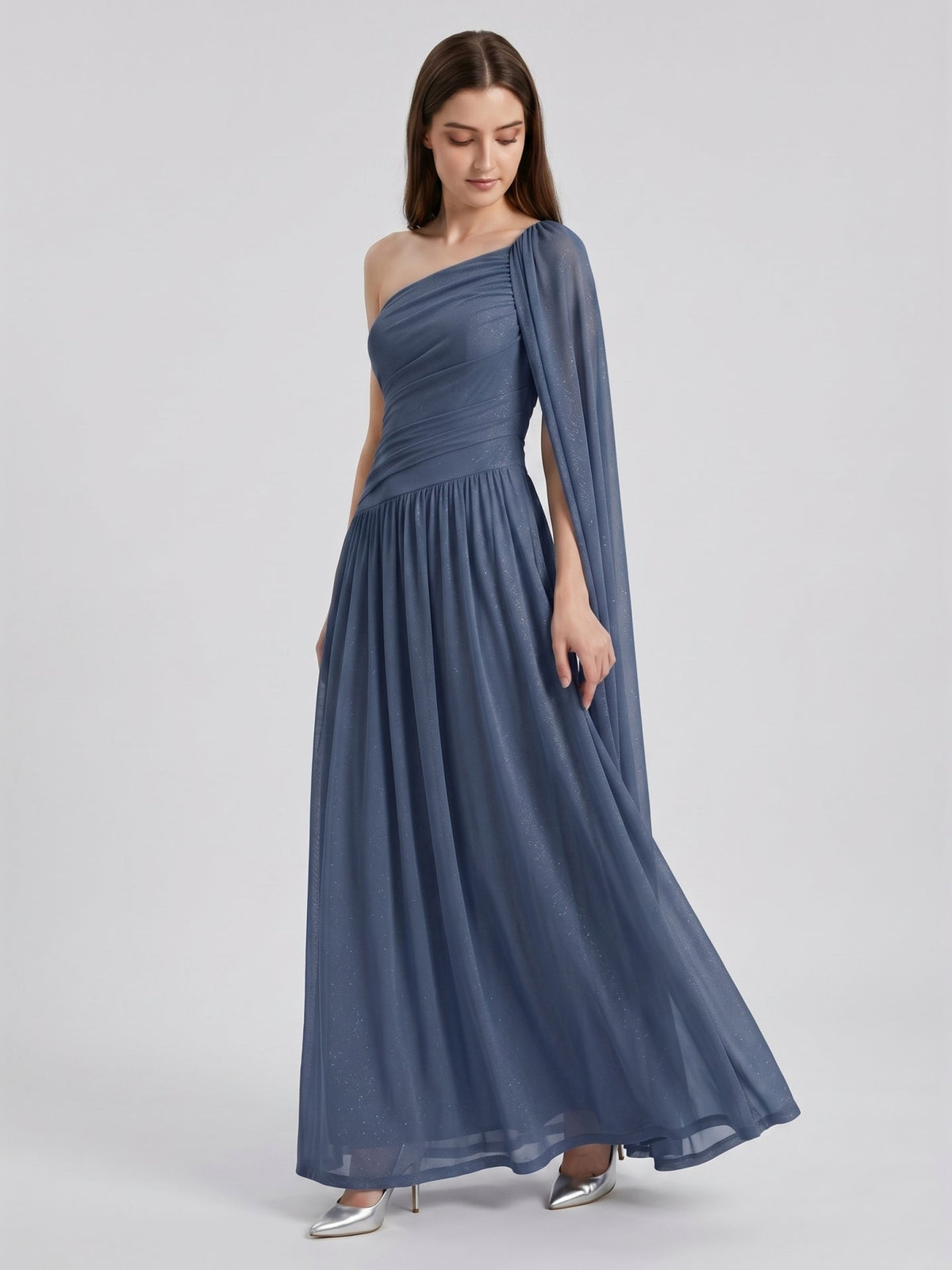 Stormy Chiffon A-Line One Shoulder Side Zip Floor-Length Bridesmaid Dress with Pleated Detail - Curvevia