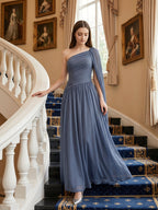 Stormy Chiffon A-Line One Shoulder Side Zip Floor-Length Bridesmaid Dress with Pleated Detail - Curvevia