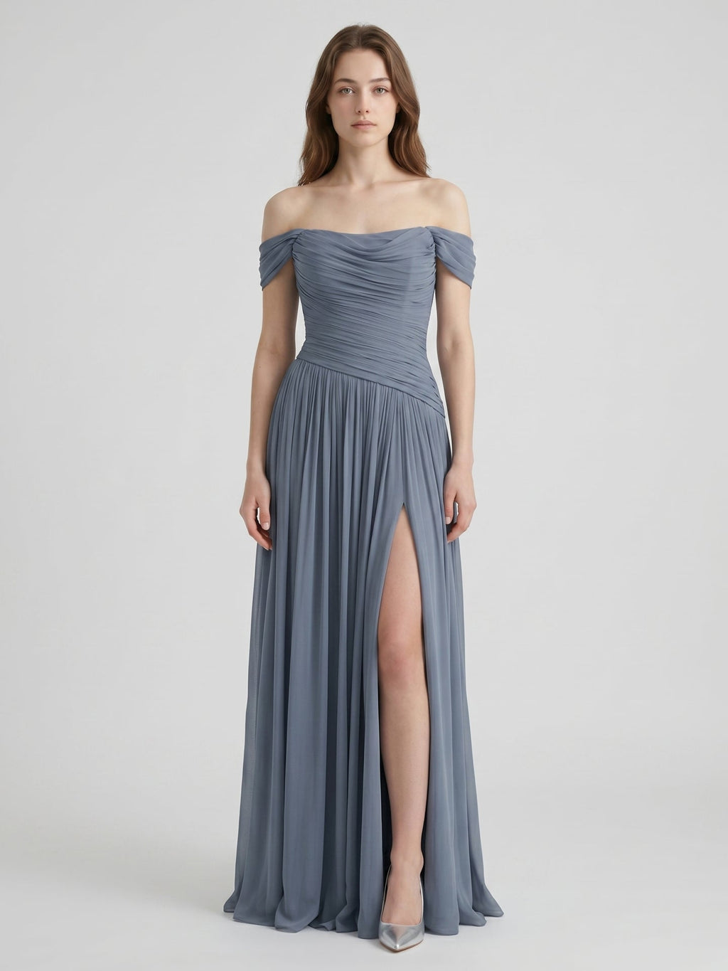 Stormy Chiffon A-Line Off-The-Shouler Back Zip Floor-Length Bridesmaid Dress with Pleats - Curvevia