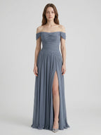 Stormy Chiffon A-Line Off-The-Shouler Back Zip Floor-Length Bridesmaid Dress with Pleats - Curvevia
