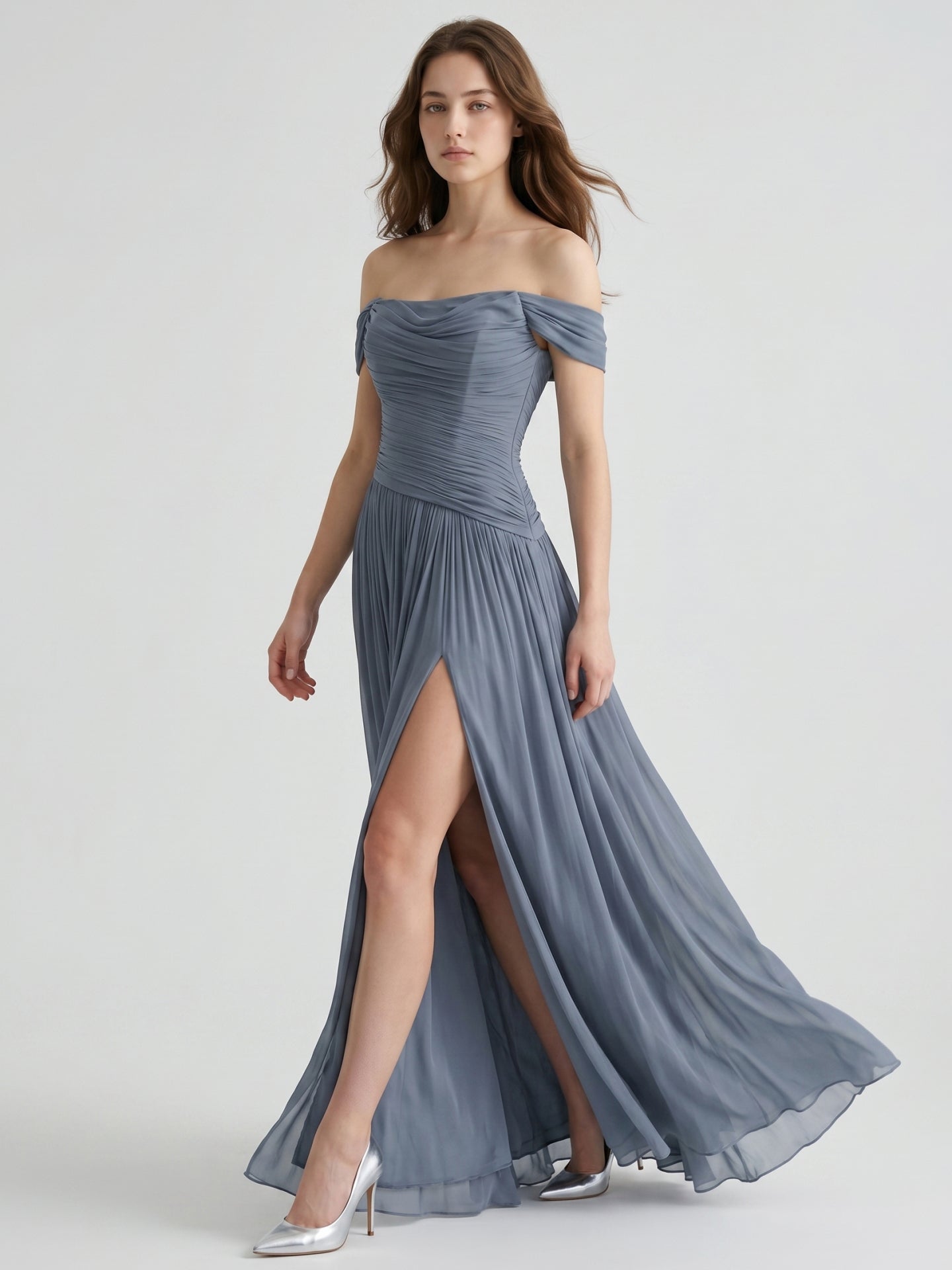 Stormy Chiffon A-Line Off-The-Shouler Back Zip Floor-Length Bridesmaid Dress with Pleats - Curvevia