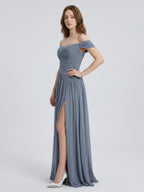 Stormy Chiffon A-Line Off-The-Shouler Back Zip Floor-Length Bridesmaid Dress with Pleats - Curvevia