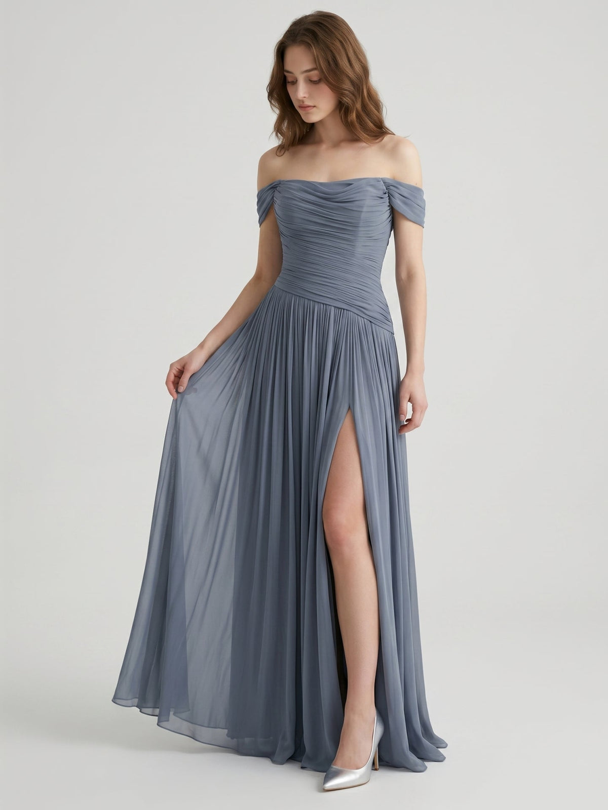 Stormy Chiffon A-Line Off-The-Shouler Back Zip Floor-Length Bridesmaid Dress with Pleats - Curvevia