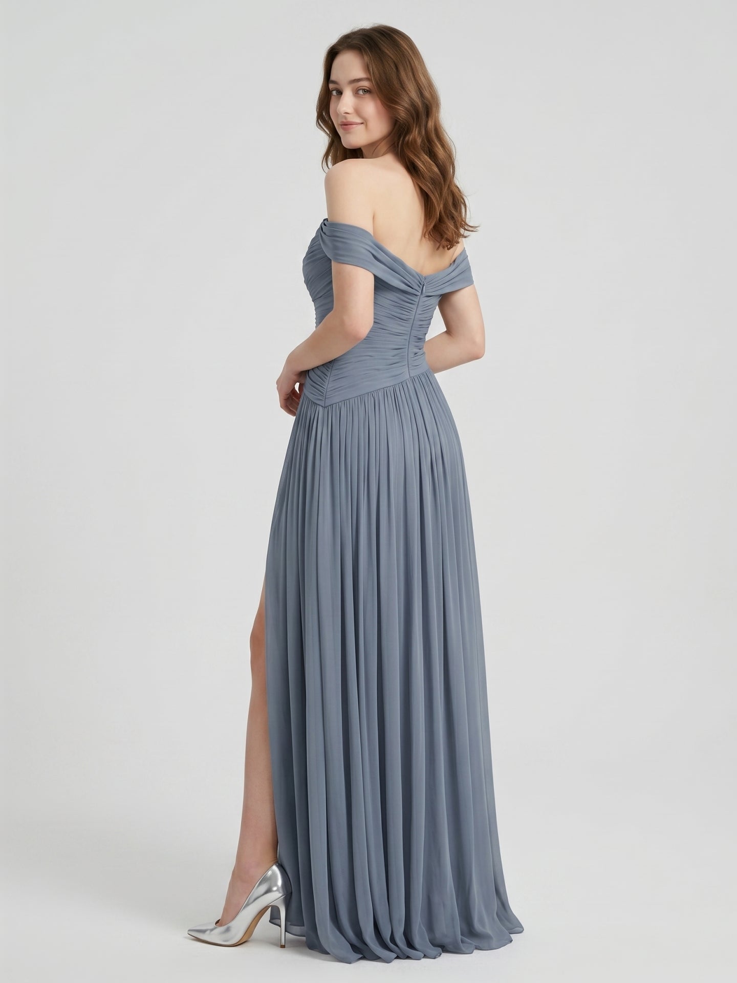 Stormy Chiffon A-Line Off-The-Shouler Back Zip Floor-Length Bridesmaid Dress with Pleats - Curvevia