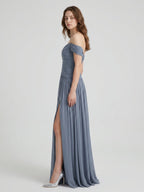 Stormy Chiffon A-Line Off-The-Shouler Back Zip Floor-Length Bridesmaid Dress with Pleats - Curvevia
