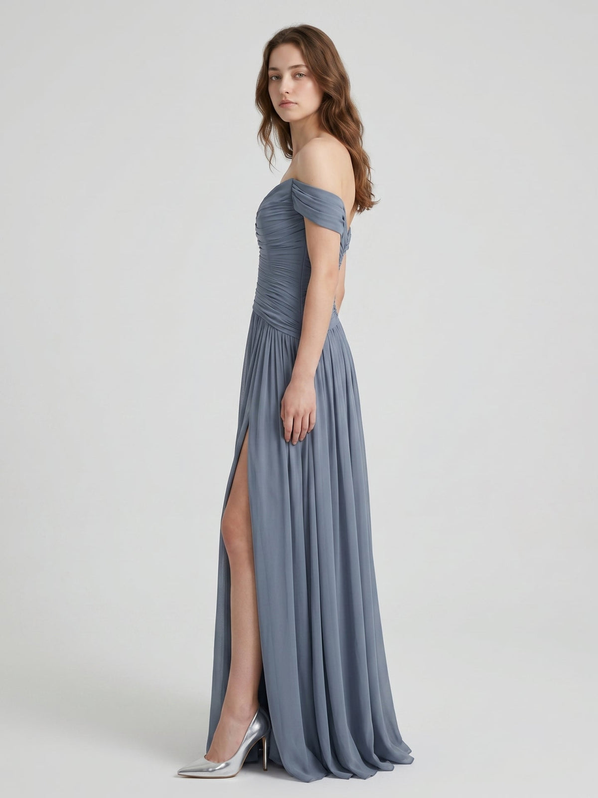 Stormy Chiffon A-Line Off-The-Shouler Back Zip Floor-Length Bridesmaid Dress with Pleats - Curvevia