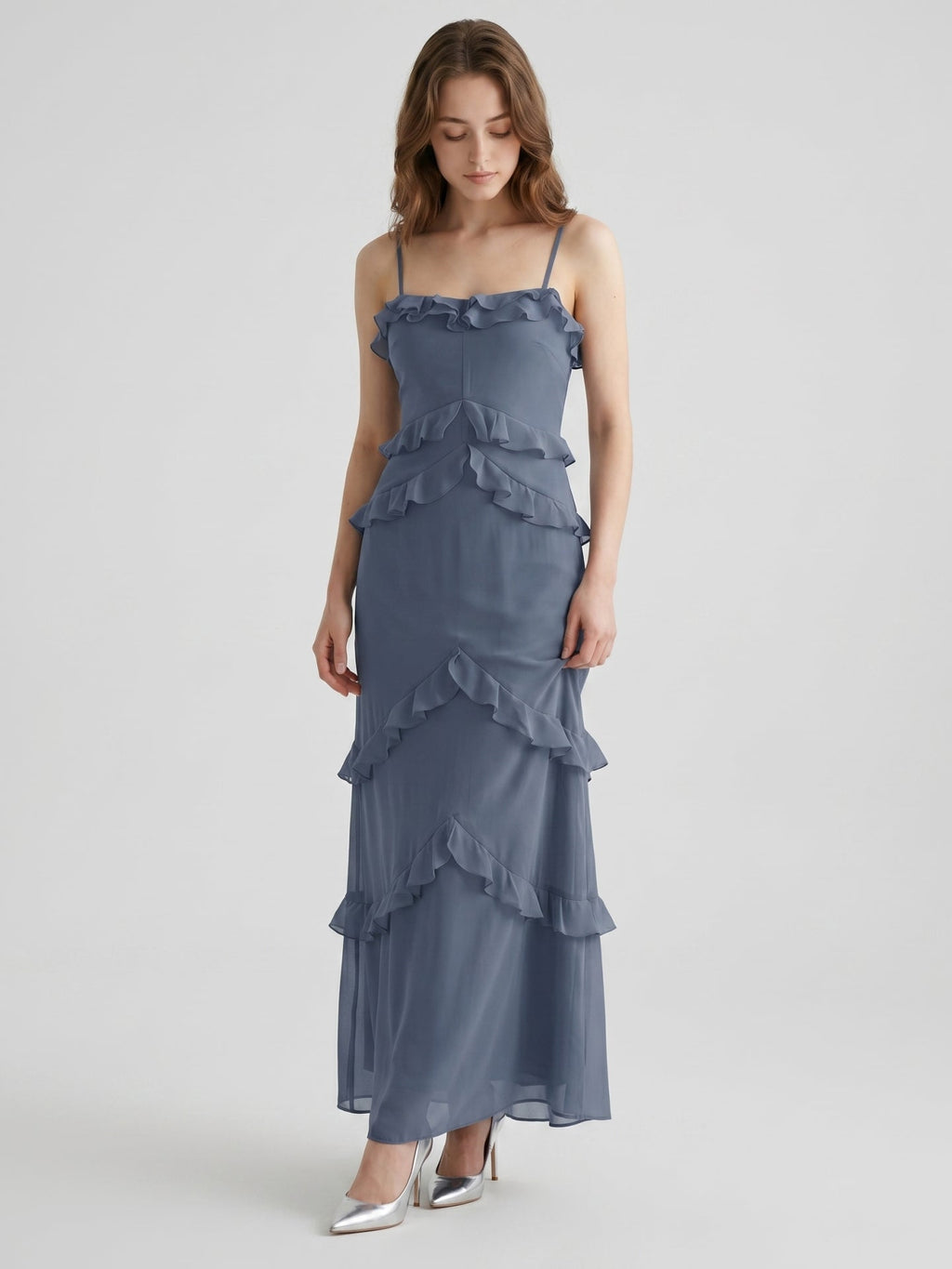Stormy Chiffon A-Line Straight Neck Back Zip Floor-Length Bridesmaid Dress with Ruffle - Curvevia