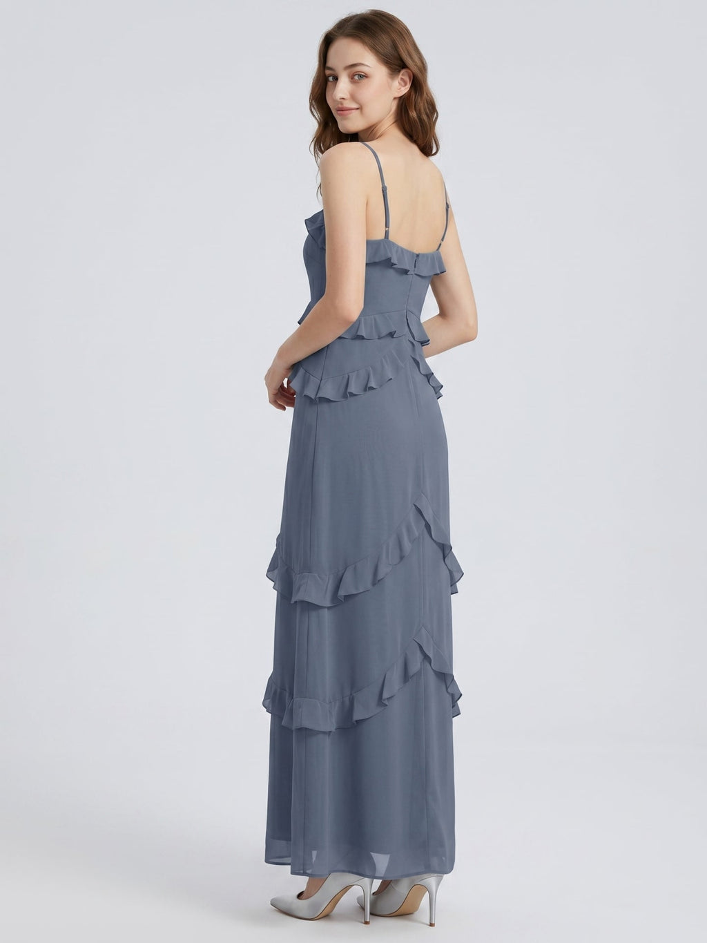 Stormy Chiffon A-Line Straight Neck Back Zip Floor-Length Bridesmaid Dress with Ruffle - Curvevia