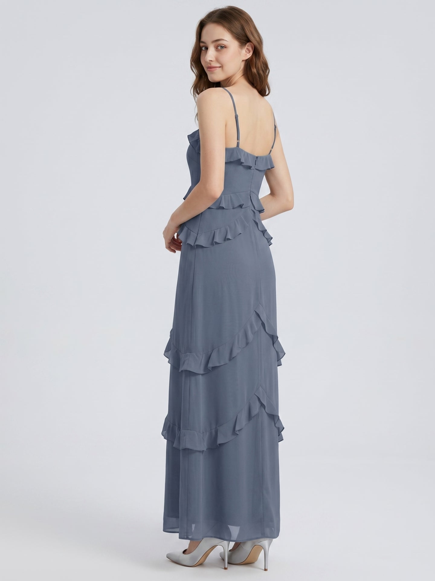 Stormy Chiffon A-Line Straight Neck Back Zip Floor-Length Bridesmaid Dress with Ruffle - Curvevia