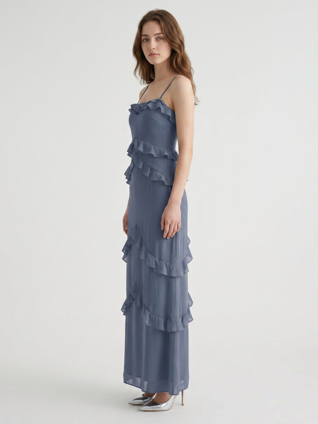 Stormy Chiffon A-Line Straight Neck Back Zip Floor-Length Bridesmaid Dress with Ruffle - Curvevia