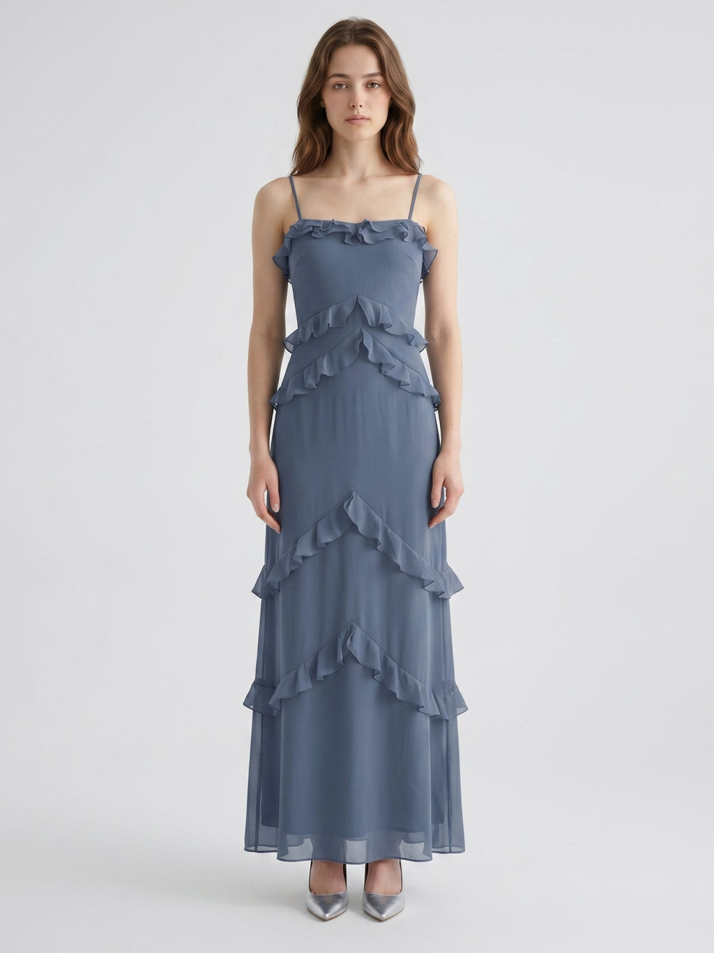 Stormy Chiffon A-Line Straight Neck Back Zip Floor-Length Bridesmaid Dress with Ruffle - Curvevia