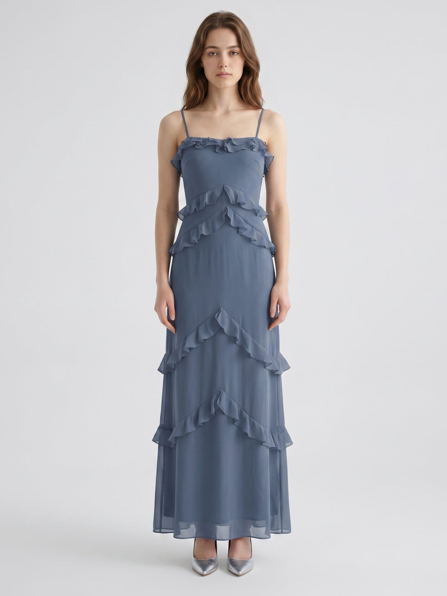 Stormy Chiffon A-Line Straight Neck Back Zip Floor-Length Bridesmaid Dress with Ruffle - Curvevia