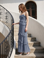 Stormy Chiffon A-Line Straight Neck Back Zip Floor-Length Bridesmaid Dress with Ruffle - Curvevia
