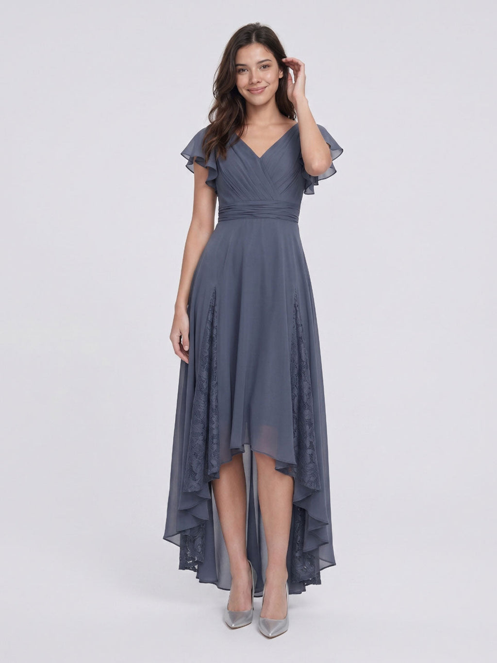 Stormy Chiffon A-Line V-Neck Back Zip Asymmetrical Bridesmaid Dress with Ruffles - Curvevia