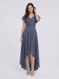 Stormy Chiffon A-Line V-Neck Back Zip Asymmetrical Bridesmaid Dress with Ruffles - Curvevia