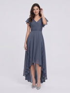Stormy Chiffon A-Line V-Neck Back Zip Asymmetrical Bridesmaid Dress with Ruffles - Curvevia