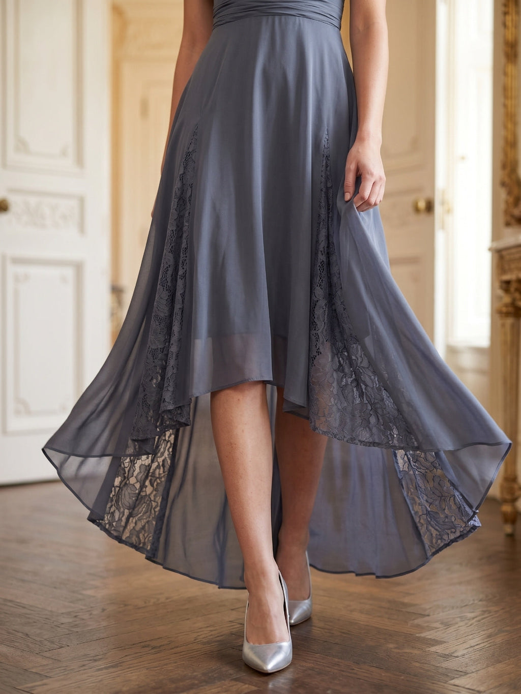 Stormy Chiffon A-Line V-Neck Back Zip Asymmetrical Bridesmaid Dress with Ruffles - Curvevia
