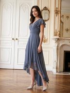 Stormy Chiffon A-Line V-Neck Back Zip Asymmetrical Bridesmaid Dress with Ruffles - Curvevia