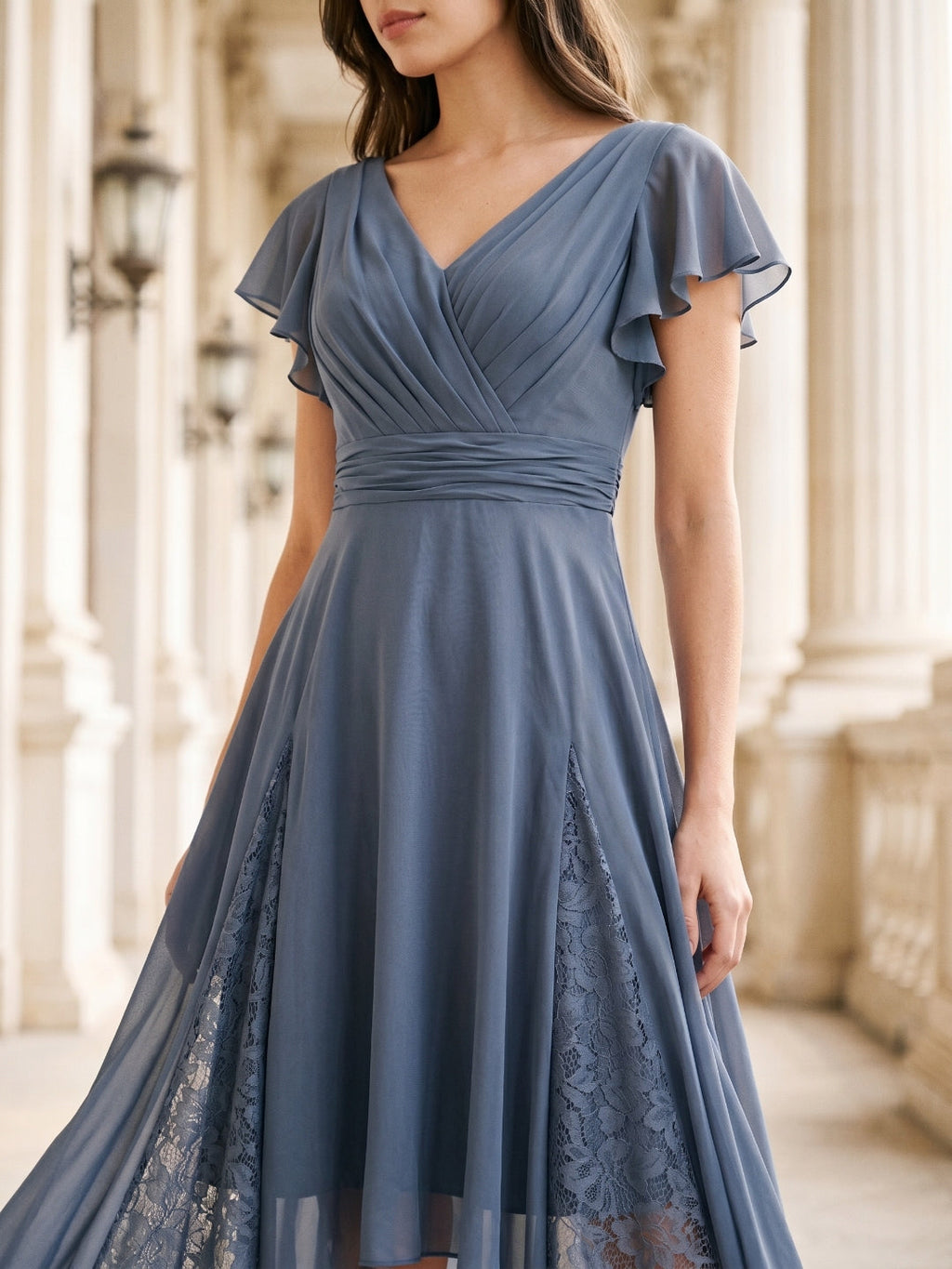 Stormy Chiffon A-Line V-Neck Back Zip Asymmetrical Bridesmaid Dress with Ruffles - Curvevia