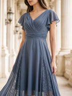 Stormy Chiffon A-Line V-Neck Back Zip Asymmetrical Bridesmaid Dress with Ruffles - Curvevia