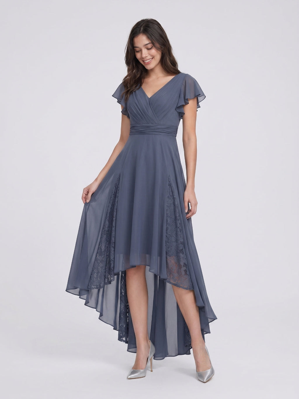 Stormy Chiffon A-Line V-Neck Back Zip Asymmetrical Bridesmaid Dress with Ruffles - Curvevia