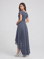 Stormy Chiffon A-Line V-Neck Back Zip Asymmetrical Bridesmaid Dress with Ruffles - Curvevia
