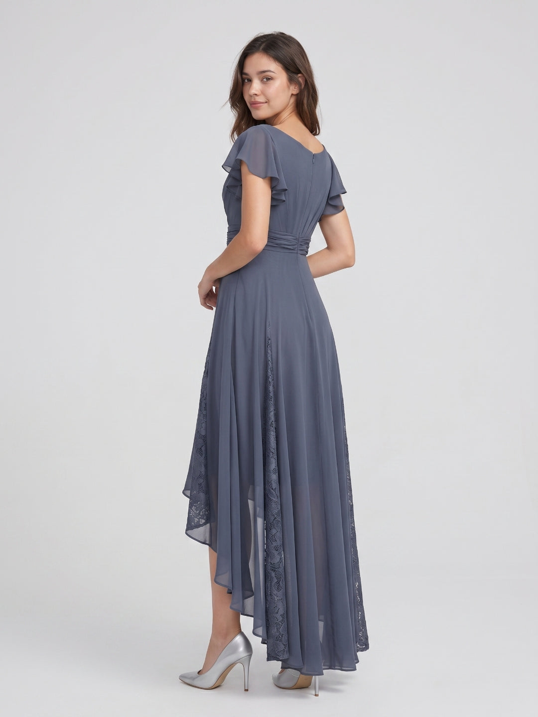 Stormy Chiffon A-Line V-Neck Back Zip Asymmetrical Bridesmaid Dress with Ruffles - Curvevia