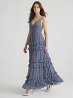 Stormy Chiffon A-Line V-Neck Back Zip Floor-Length Bridesmaid Dress with Ruffles - Curvevia