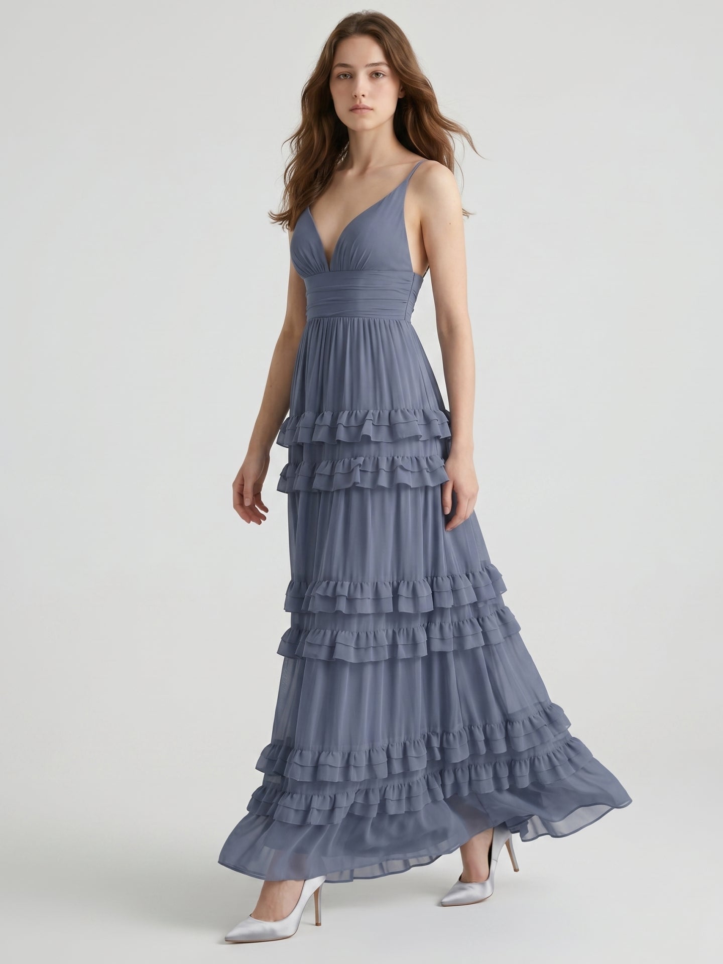 Stormy Chiffon A-Line V-Neck Back Zip Floor-Length Bridesmaid Dress with Ruffles - Curvevia