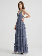 Stormy Chiffon A-Line V-Neck Back Zip Floor-Length Bridesmaid Dress with Ruffles - Curvevia