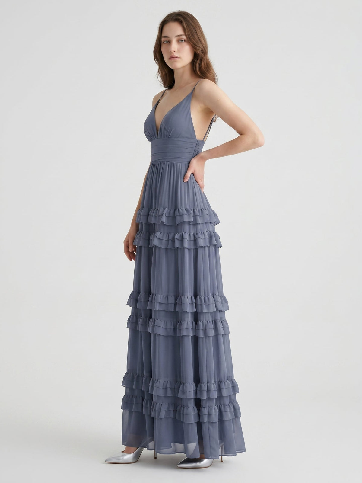 Stormy Chiffon A-Line V-Neck Back Zip Floor-Length Bridesmaid Dress with Ruffles - Curvevia