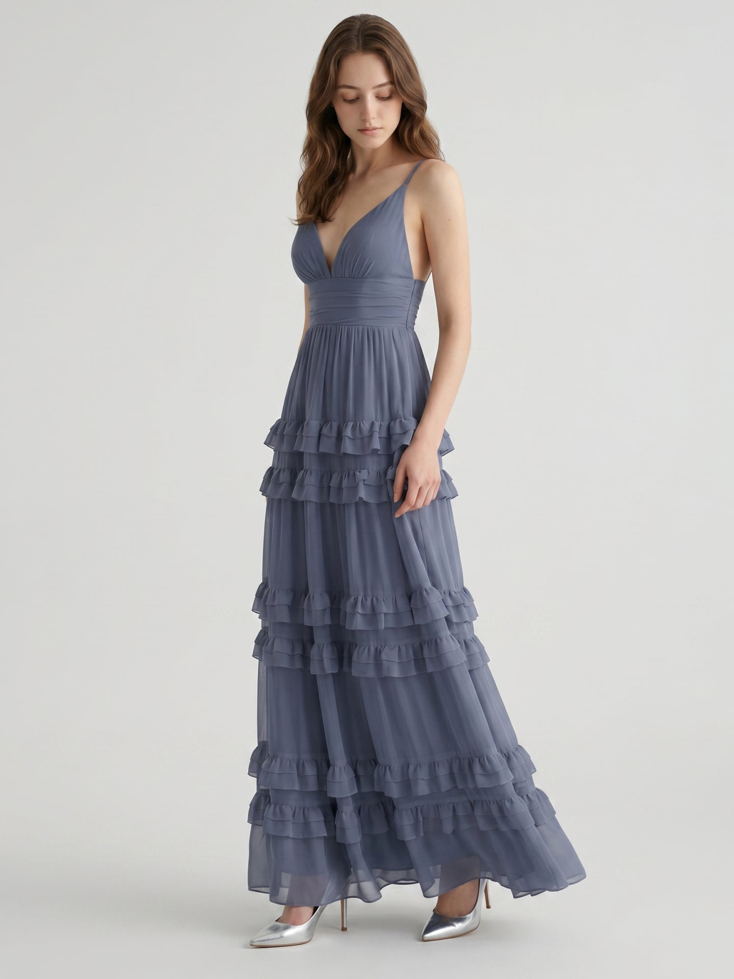Stormy Chiffon A-Line V-Neck Back Zip Floor-Length Bridesmaid Dress with Ruffles - Curvevia