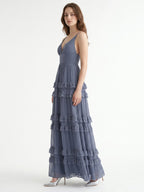 Stormy Chiffon A-Line V-Neck Back Zip Floor-Length Bridesmaid Dress with Ruffles - Curvevia