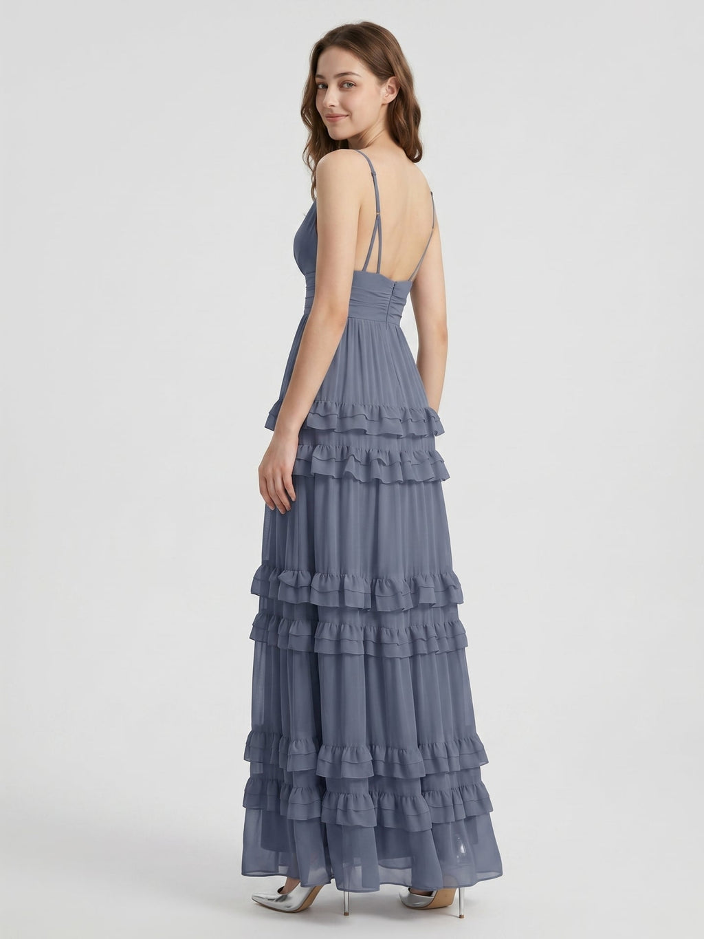 Stormy Chiffon A-Line V-Neck Back Zip Floor-Length Bridesmaid Dress with Ruffles - Curvevia