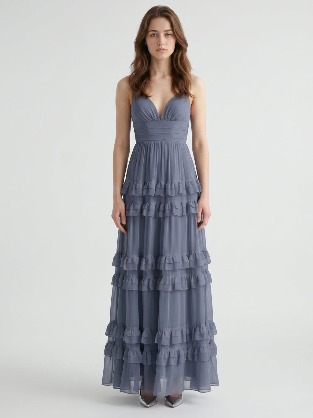 Stormy Chiffon A-Line V-Neck Back Zip Floor-Length Bridesmaid Dress with Ruffles - Curvevia