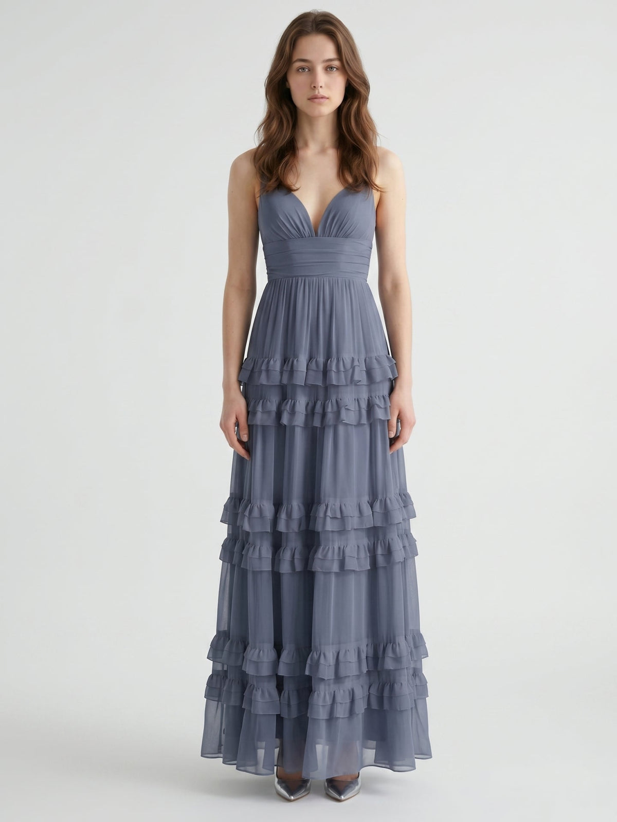Stormy Chiffon A-Line V-Neck Back Zip Floor-Length Bridesmaid Dress with Ruffles - Curvevia