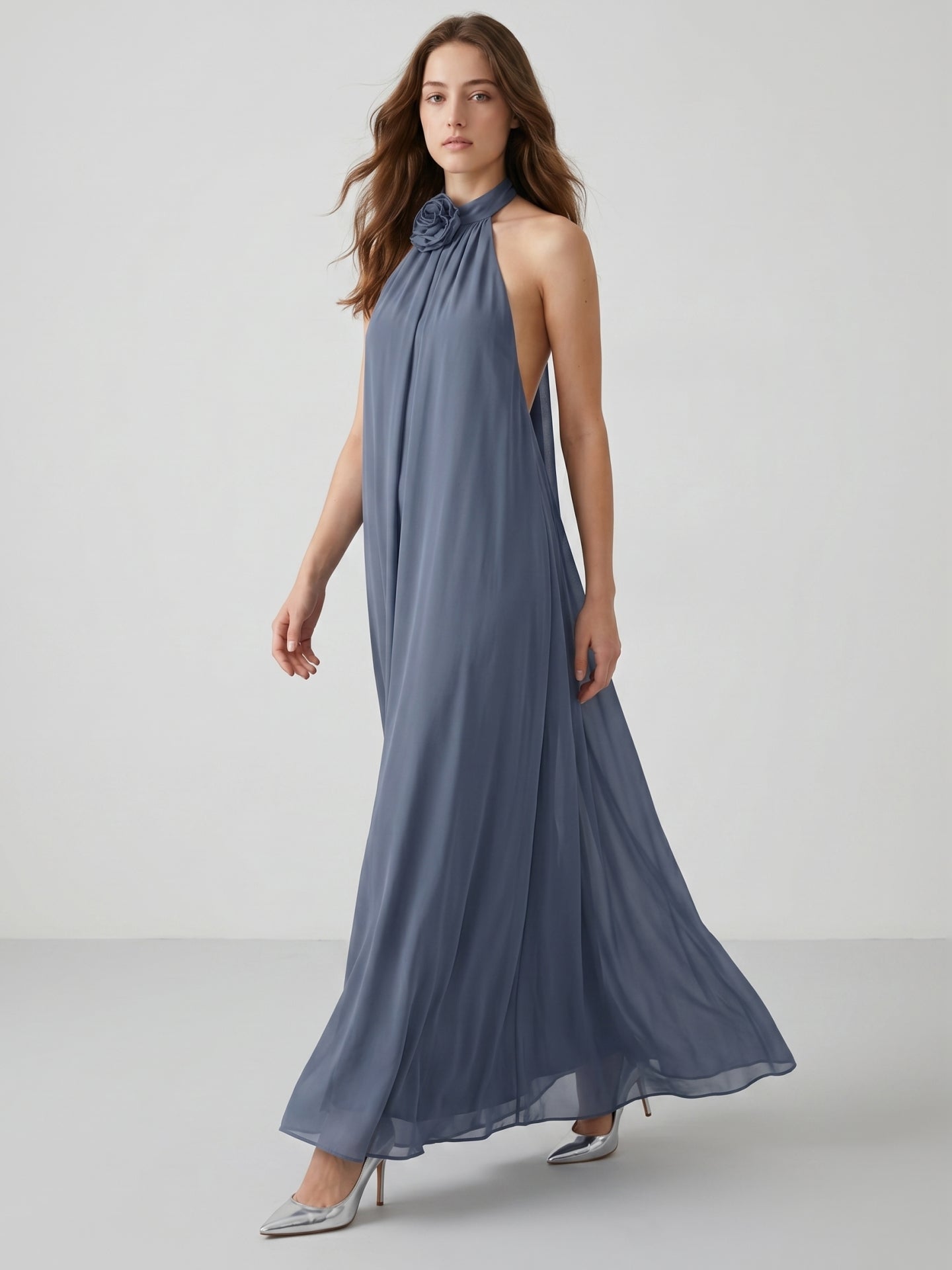 Stormy Chiffon Column Halter Neckline Backless Floor-Length Bridesmaid Dress - Curvevia