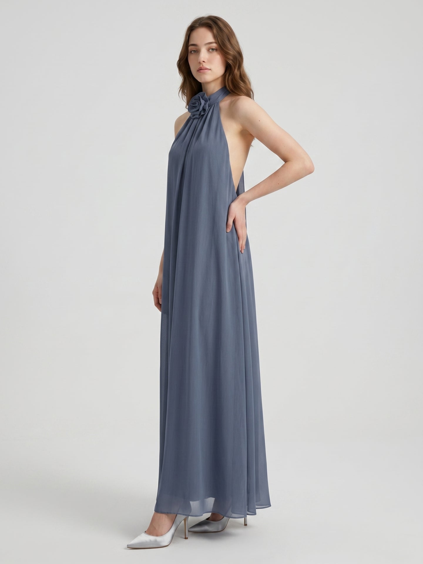 Stormy Chiffon Column Halter Neckline Backless Floor-Length Bridesmaid Dress - Curvevia