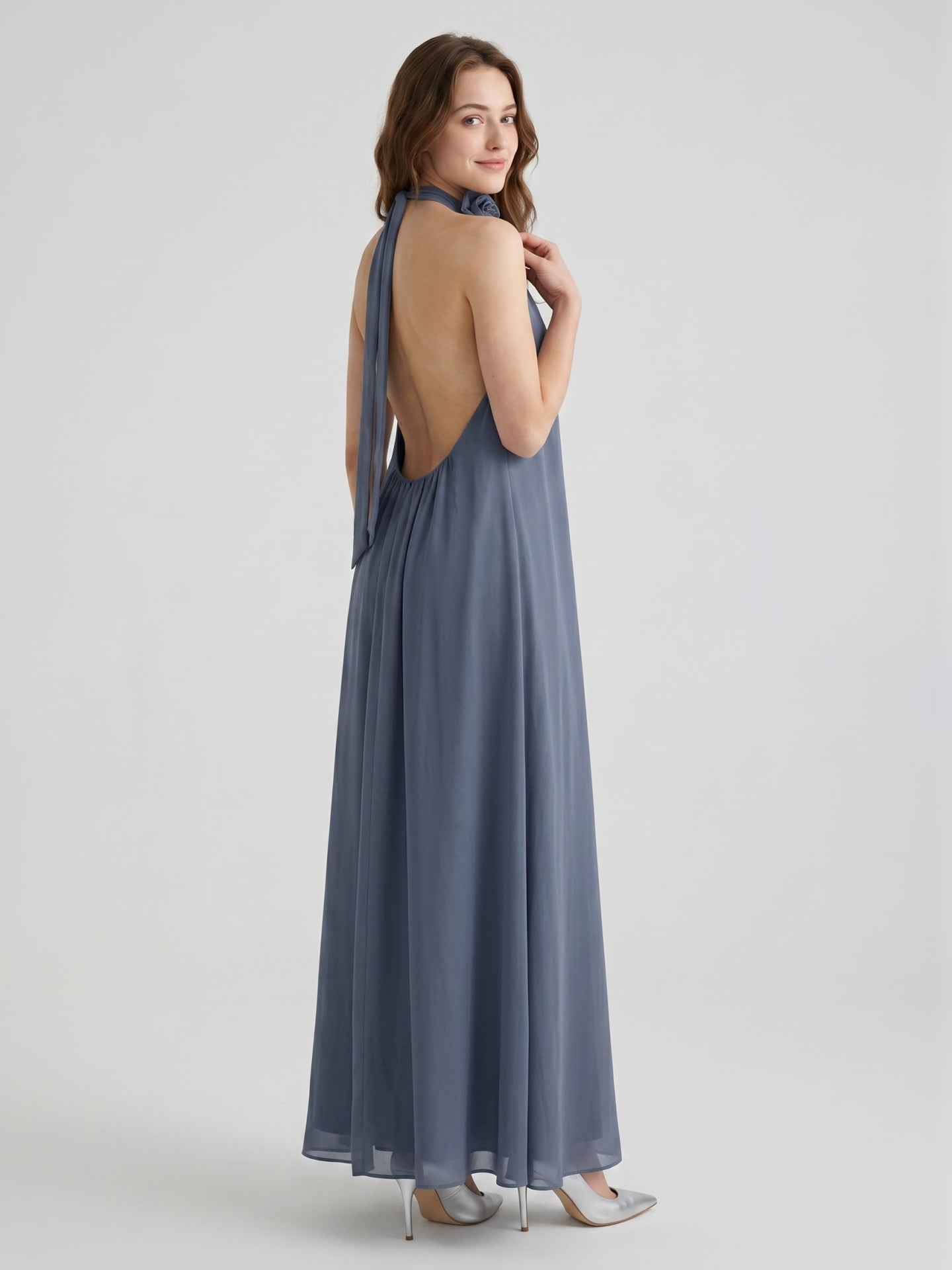 Stormy Chiffon Column Halter Neckline Backless Floor-Length Bridesmaid Dress - Curvevia
