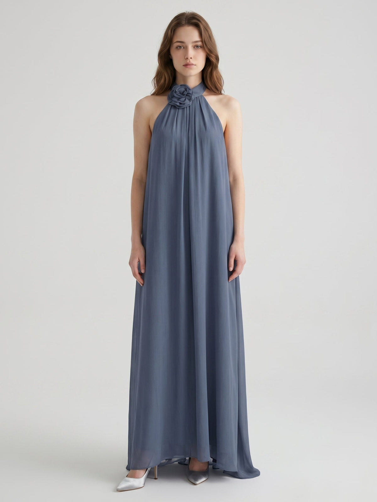 Stormy Chiffon Column Halter Neckline Backless Floor-Length Bridesmaid Dress - Curvevia