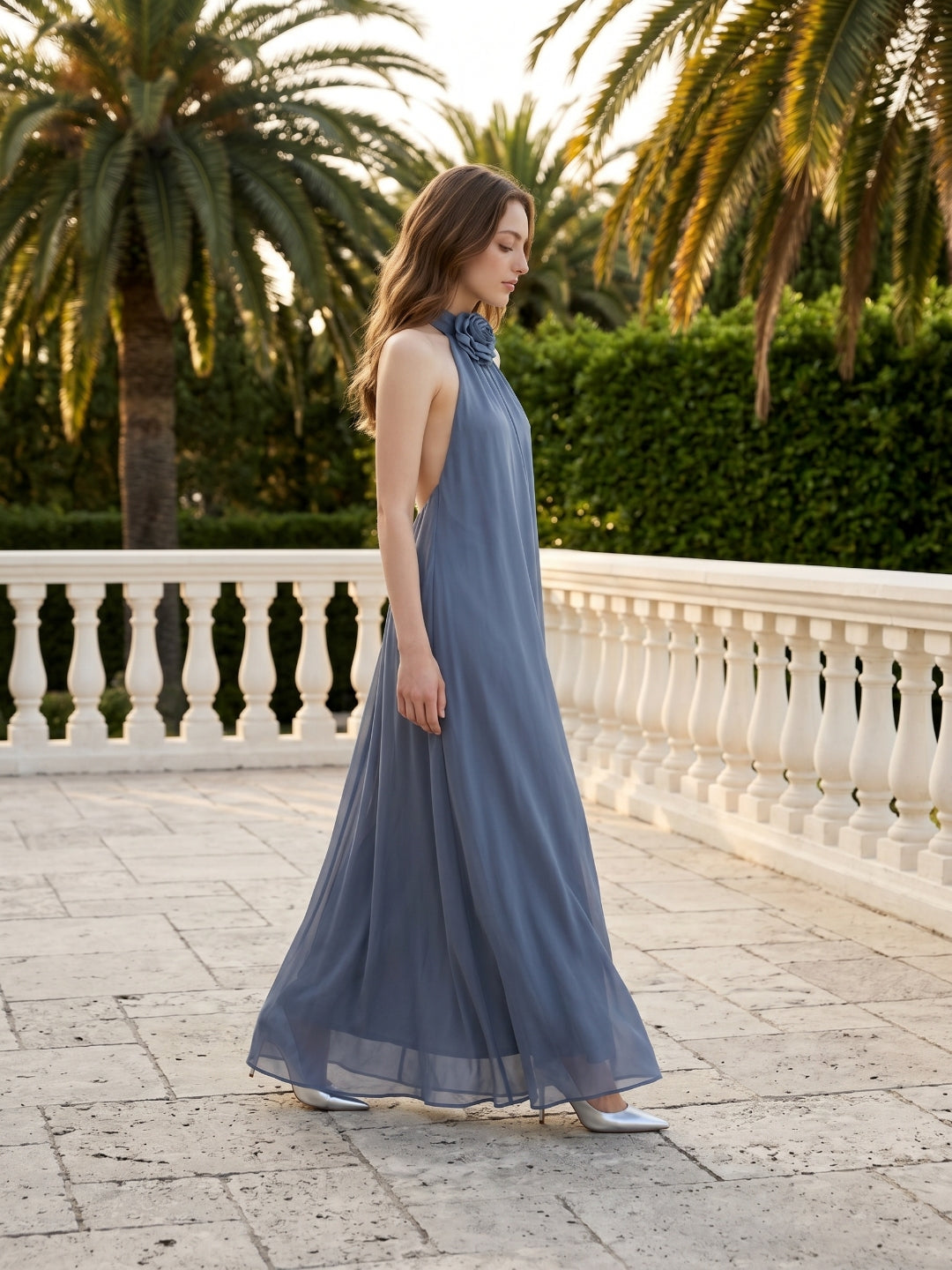 Stormy Chiffon Column Halter Neckline Backless Floor-Length Bridesmaid Dress - Curvevia