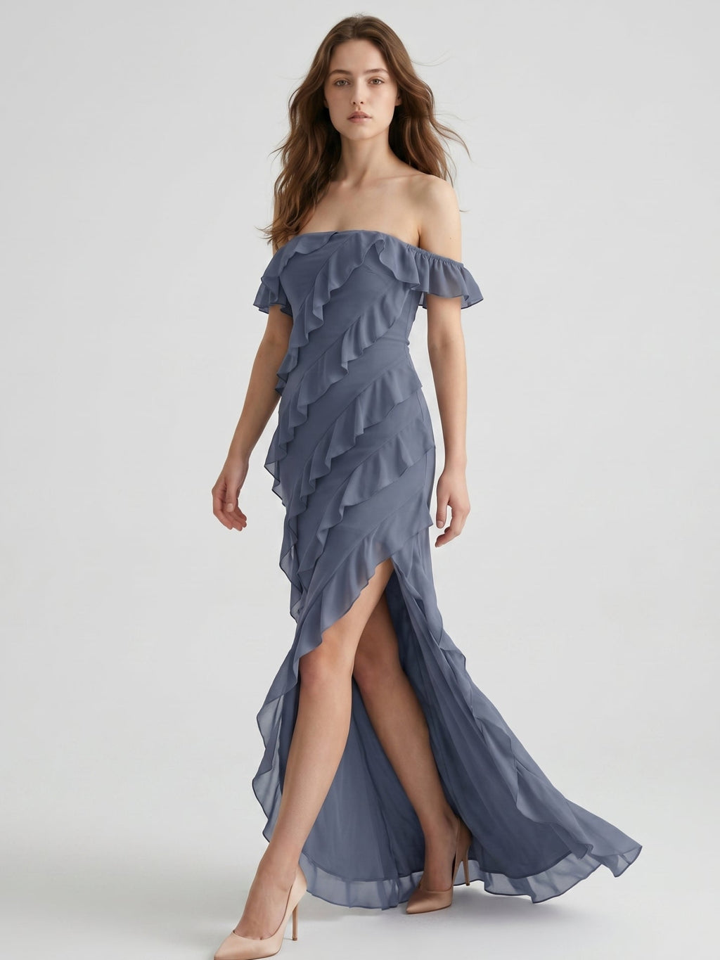 Stormy Chiffon Column Off-the-Shoulder Back Zip Floor-Length Bridesmaid Dress with Ruffle - Curvevia